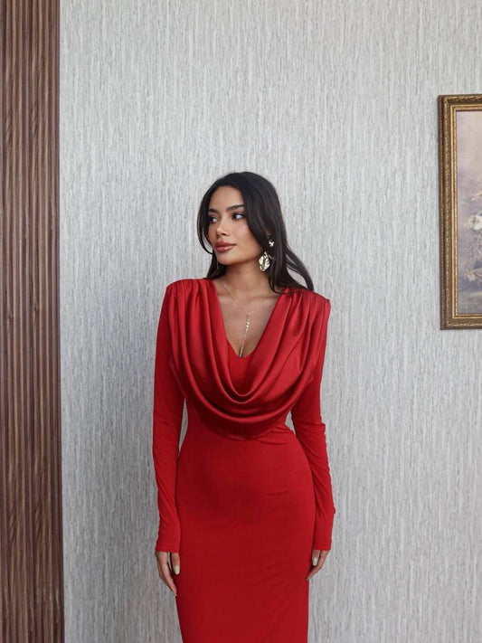 Cowl neck red dress